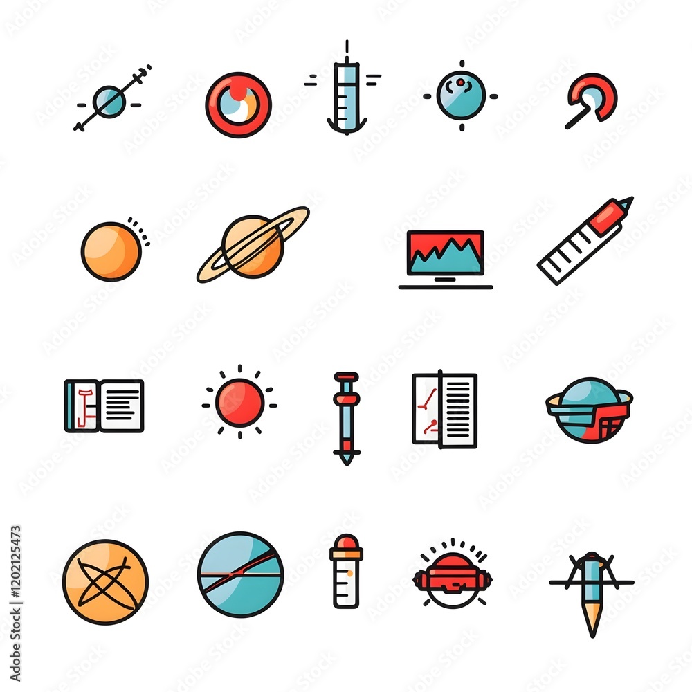 Poster set of simple flat design science icons and symbols to visually communicate complex scientific conce