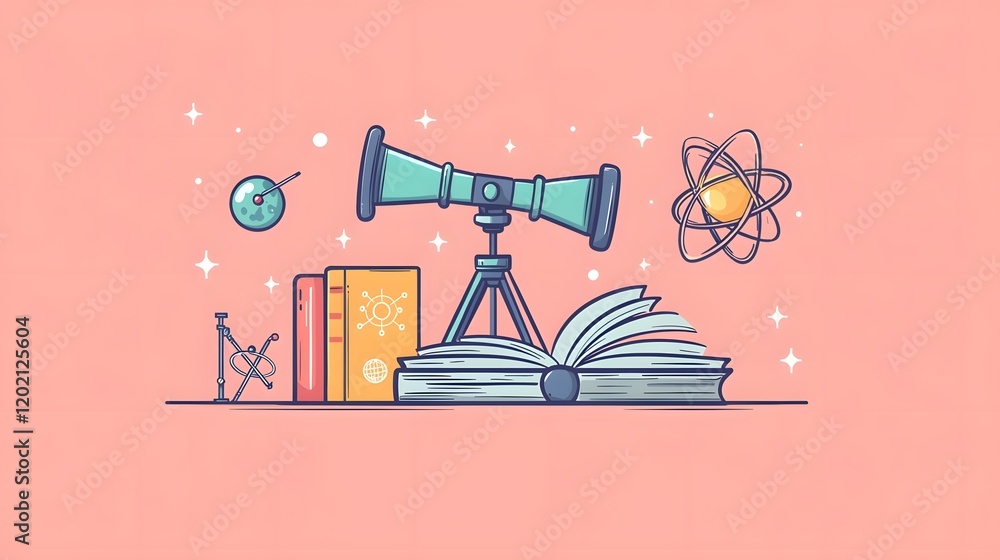 Aufkleber simplistic flat graphic design featuring various science icons and symbols like an atom book and tel