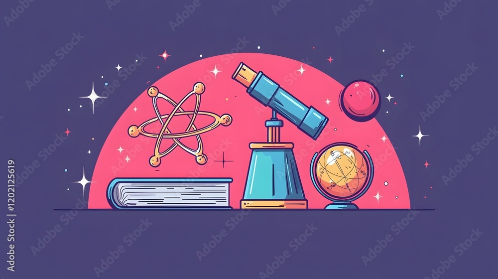 Aufkleber simplistic flat graphic design featuring educational science icons like atom book and telescope arra