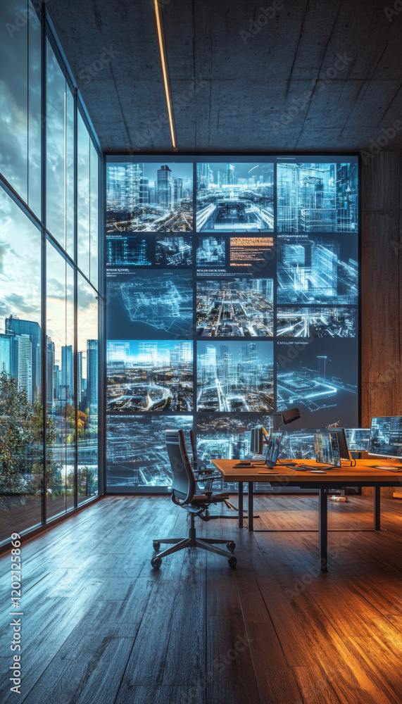 Poster modern office with digital screens displaying data and city views