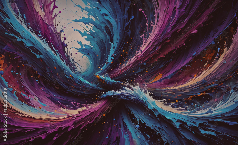Poster a colorful painting of a wave with a splash of purple and blue. the painting is abstract and has a s