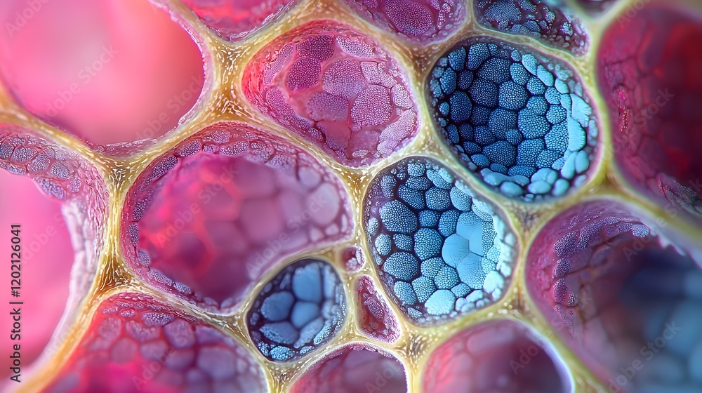 Poster striking microscopic view showcasing the intricate and vibrant cellular structures within a cross se