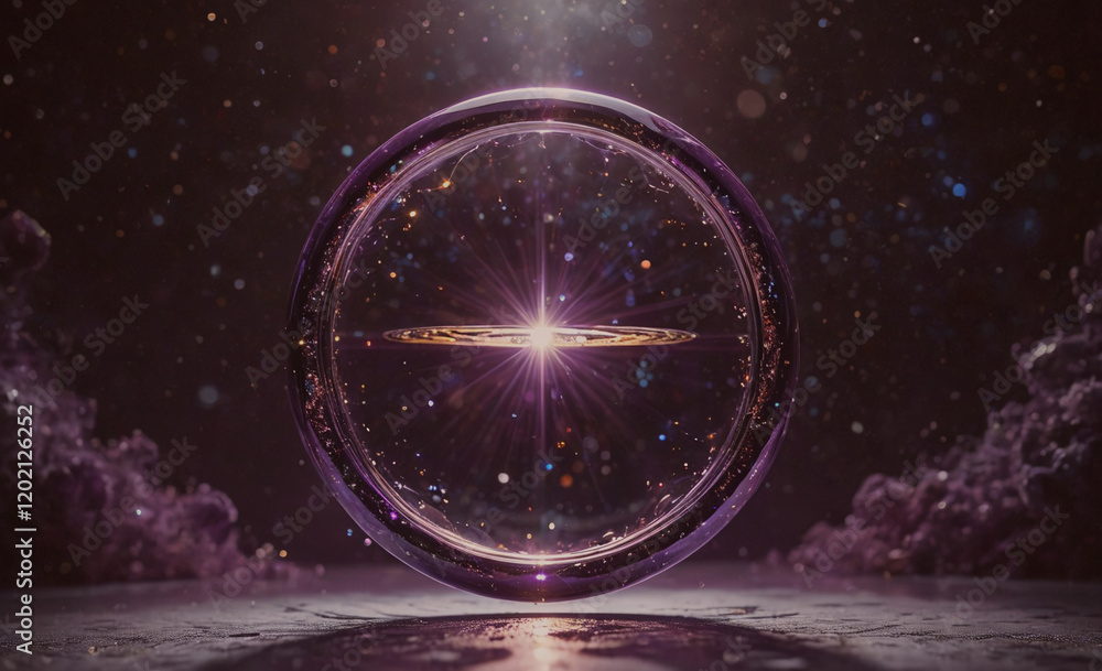 Poster a purple sphere with a bright light shining through it. the sphere is surrounded by a dark backgroun