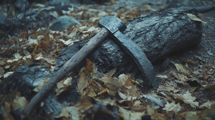Rusty pickaxe on fallen log in autumn forest.