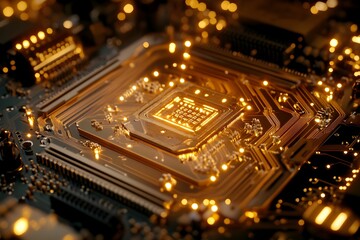 komputer, chip, procesor, sztuczna inteligencja, AI, technologia, nowoczesność, zaawansowane, obwody, metalowe piny, połączenia, podświetlenie, detale, struktura, precyzja, motherboard, sprzęt, high-t