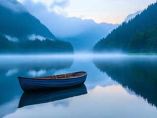 Fototapeta premium misty lake sunrise boat tranquil scene reflections mountains peaceful dawn