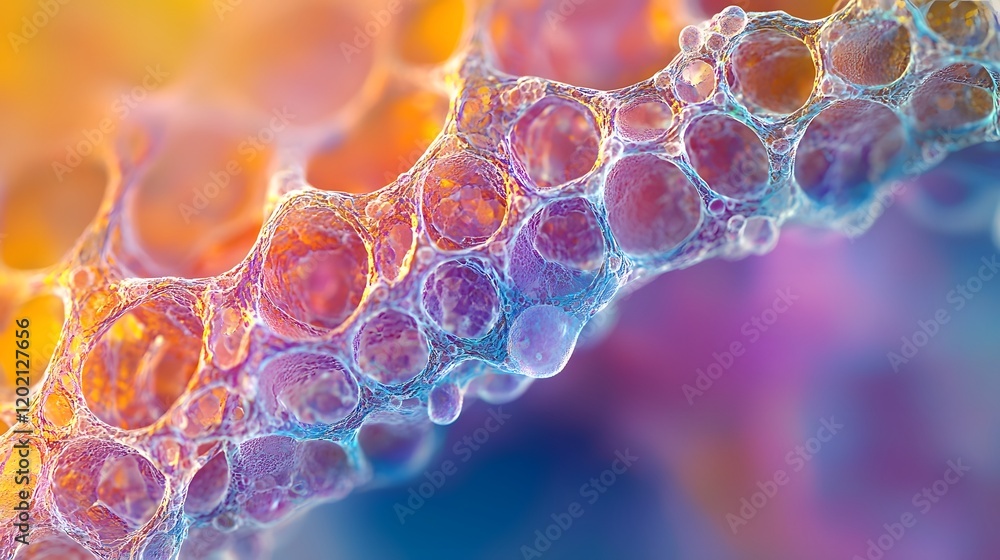 Poster vibrant and intricate microscopic details showcasing the cellular structure and fibers within a plan