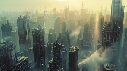 Craft a digital photorealistic 3D render of a futuristic robotic cityscape, showcasing towering skyscrapers, advanced technology, and unexpected camera angles capturing the citys eerie ambiance