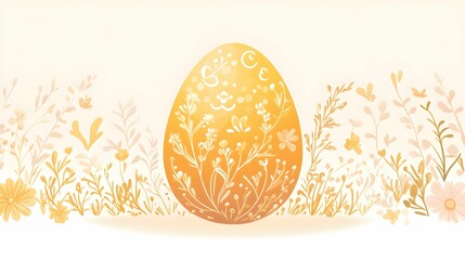 Wielkanoc, ilustracja, minimalizm, pastelowe tło, złote jajko, delikatne wzory kwiatowe, ozdoba, elegancka, przestrzeń na tekst, świąteczne zaproszenia, karta wielkanocna, delikatność, subtelność, zło