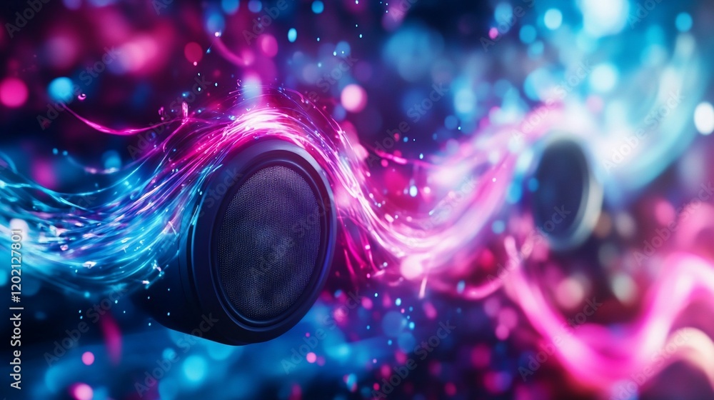 Poster abstract speakers with glowing energy streams and bokeh light background