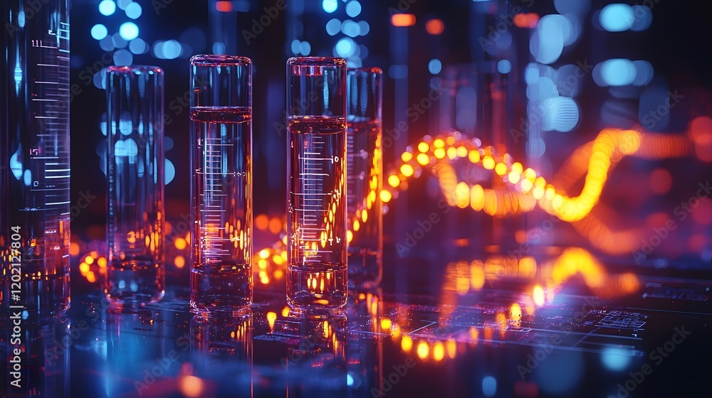Poster vibrant and modern biotechnology laboratory design with flasks test tubes and glowing dna structure 