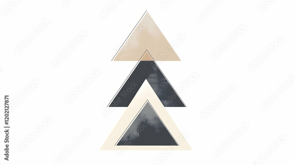 Poster Simple line art of abstract triangles stacked vertically in shades of gray and beige on a white background, creating a clean minimalistic design
