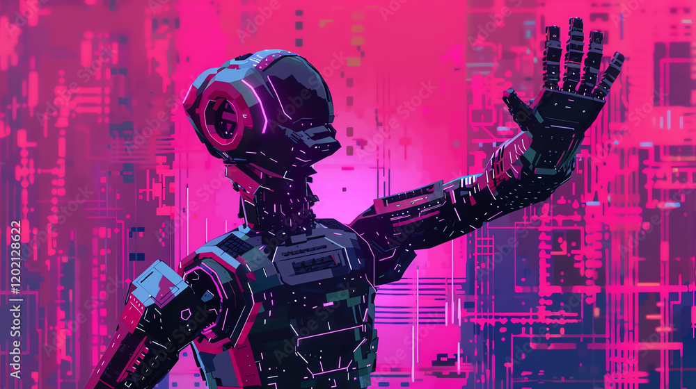 Poster craft a futuristic scene of robotic ballet in a pixel art style, playing with vibrant colors and gli