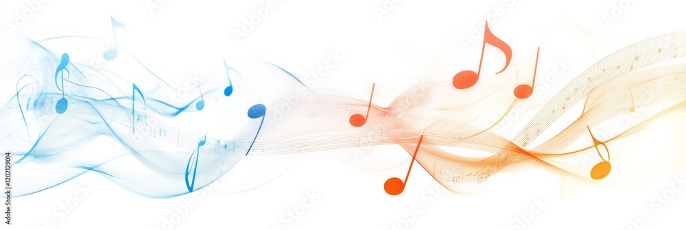 Poster colorful abstract waves flowing harmoniously with music notes, creating a vibrant and dynamic repres