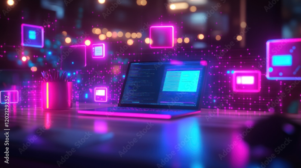 Poster neon-lit laptop displaying code on a desk.