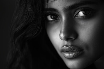 Fototapeta premium black and white portrait of a woman, emphasizing contrast and texture.