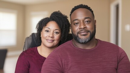 Happy Family in Accessible Housing, Living Room Portrait, Diversity and Inclusion, People in Home Environment, Interracial Couple Celebrating Life, Smiling Faces in Wheelchair-Friendly Space