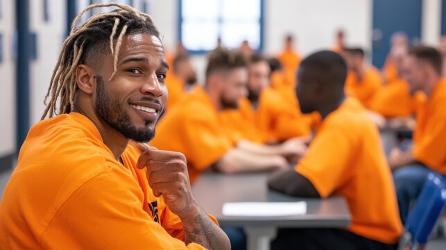 An inmate attending a classroom session in prison, learning new skills alongside other prisoners