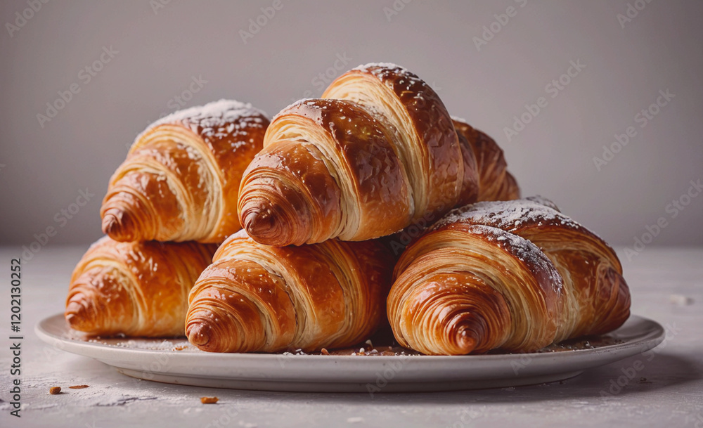 Poster A stack of croissants with powdered sugar on top. The croissants are arranged in a neat stack on a white plate
