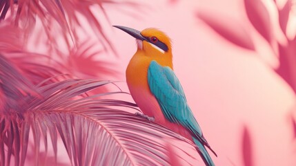 Obraz premium Vibrant bird perched on pink palm leaves.