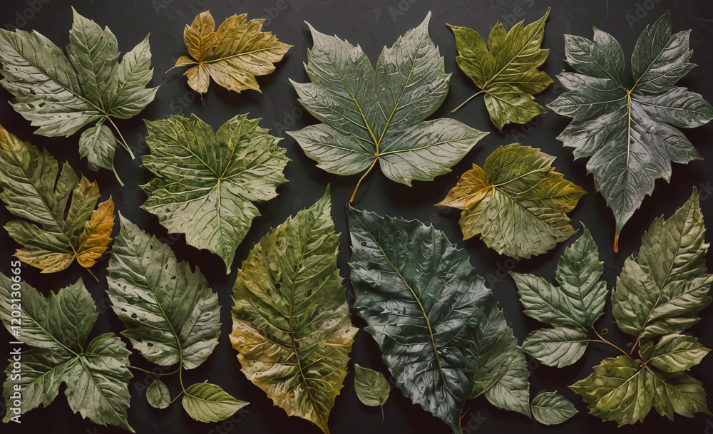 Aufkleber A collection of leaves with some of them being green and some brown. The leaves are arranged in a pattern on a black background
