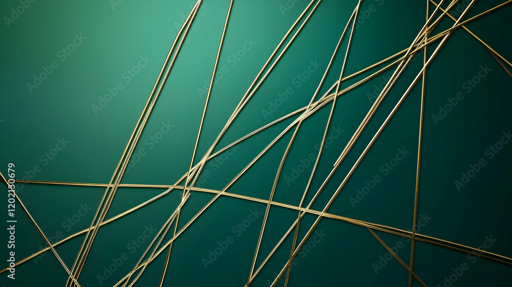 Poster thin intersecting gold lines over a deep emerald green gradient background, forming a minimalist and