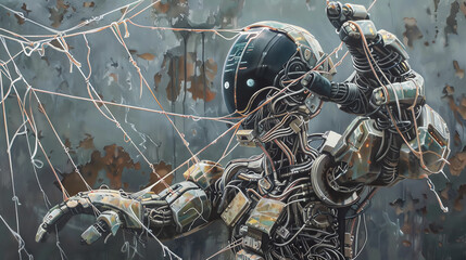 Craft a traditional oil painting showcasing a humanoid robot entangled in a web of Jungian archetypes, from an unexpected birds eye view perspective