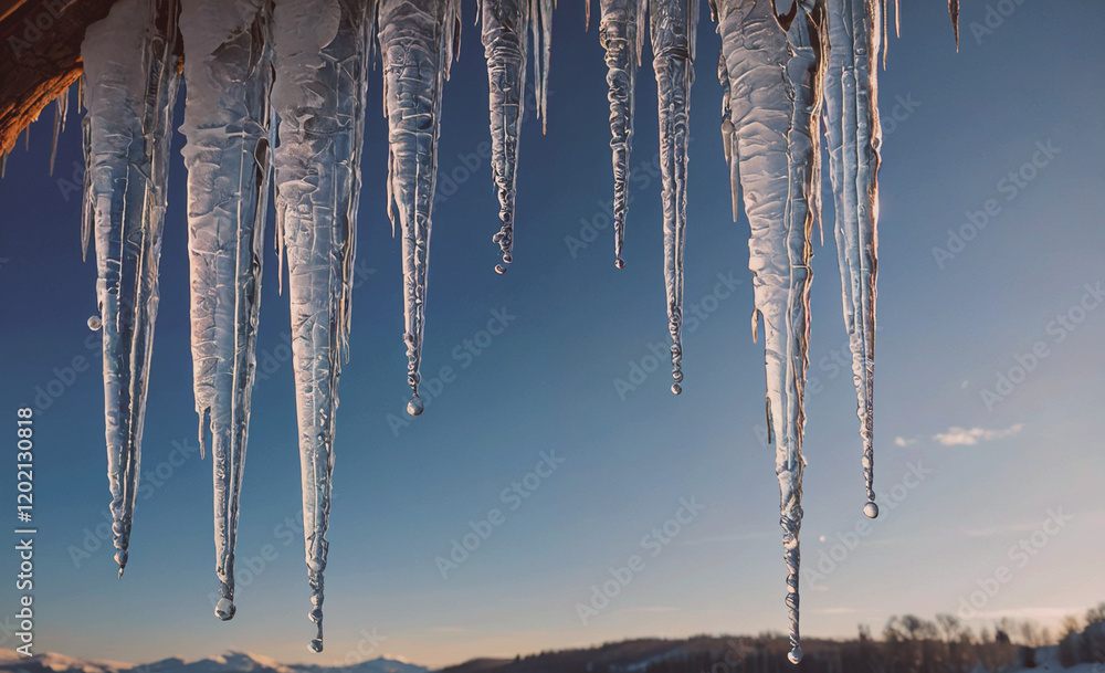 Poster a long line of icicles hanging from a tree. the icicles are long and thin, and they are all differen