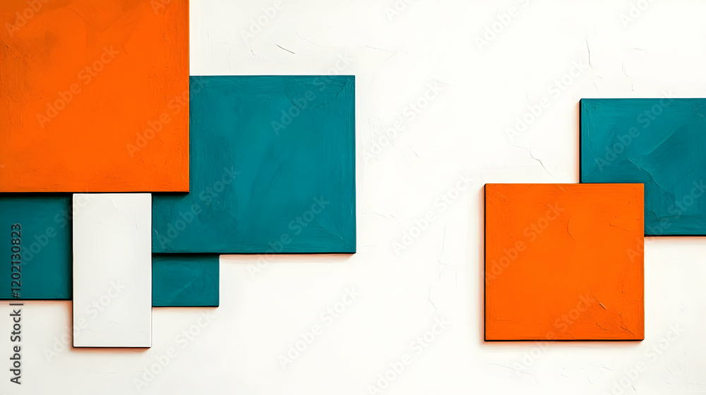 Poster vibrant color-block design in orange, teal and white, with sharp-edged rectangles arranged in symmet
