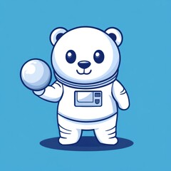 Fototapeta premium Cute polar bear astronaut holding snowball, space background, children's book illustration