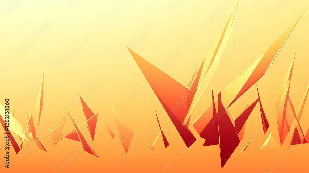 Poster warm gradient in burnt orange and muted yellow tones with abstract sharp-edged triangles forming a c