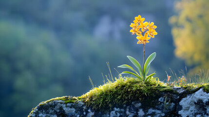 A golden orchid bathed in soft sunlight, growing on a mossy stone wall, during an early autumn day