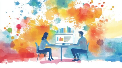 Business analytics flat design side view technology theme watercolor Triadic Color Scheme.