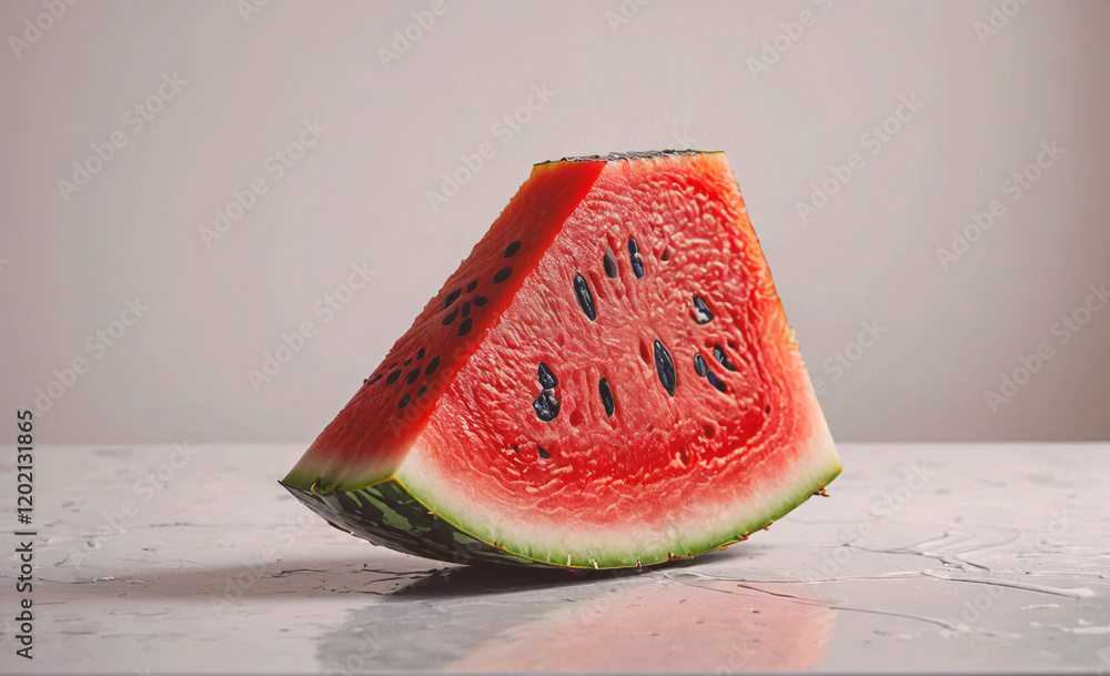 Poster a slice of watermelon is cut in half and placed on a table. concept of freshness and summertime, as 