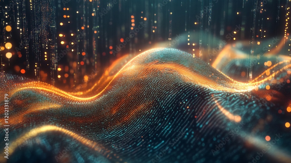 Poster abstract digital wave pattern with flowing lines and glowing dots representing data or energy
