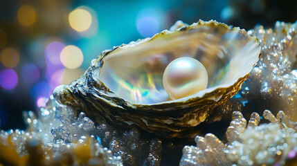 A pearl is sitting in a shell on a coral reef