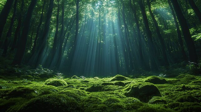 Sunbeams in mossy forest, peaceful nature scene