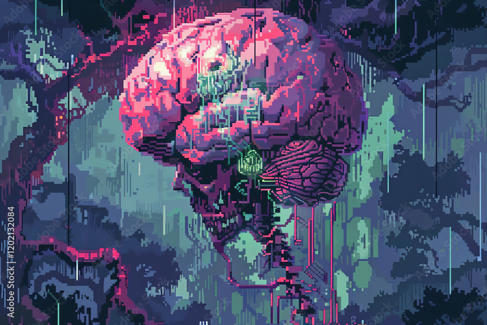 Poster design a pixel art piece featuring a cybernetic brain interface mirroring the concept of cognitive d