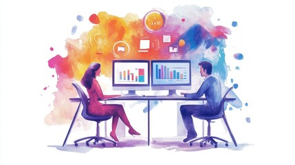 Business analytics flat design side view technology theme watercolor Triadic Color Scheme.