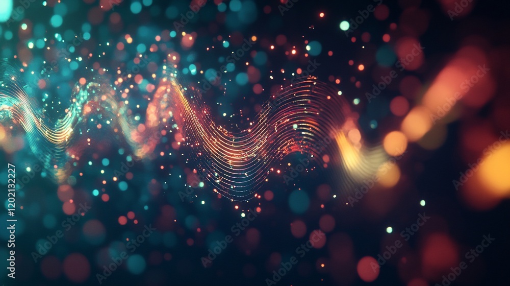 Poster abstract glowing wave with blurred bokeh lights and particles creating dynamic art