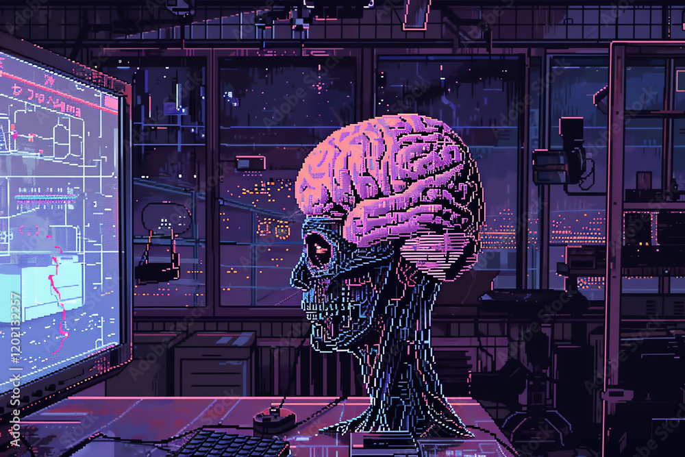 Poster design a pixel art piece featuring a cybernetic brain interface mirroring the concept of cognitive d