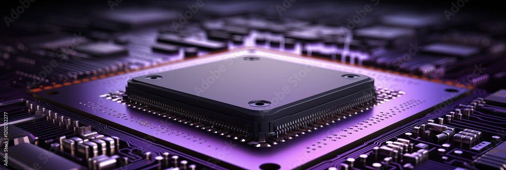 Poster exploration of a sleek microprocessor on a vibrant circuit board at dusk. generative ai