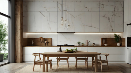 White wall mock up ,Elegant contemporary kitchen room interior Modern Contemporary white and wood material