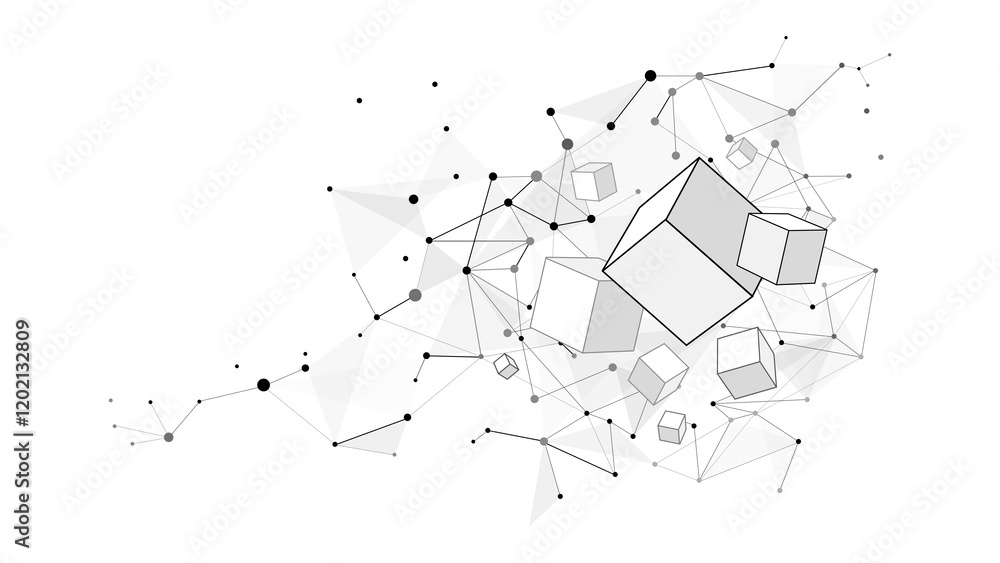 Wall mural abstract quantum global data network background, wireframe connected dots, floating 3d cubes and tri