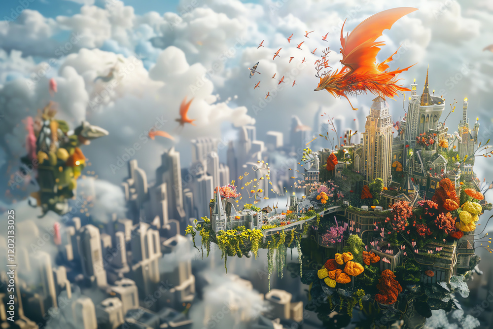 Poster dive into a world of imagination with a tilted angle view aerial dance of mythical creatures against