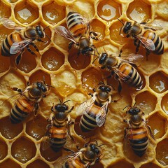 Close-up of bees on a honeycomb working diligently. Ideal for nature documentaries, educational materials, or honey-related product packaging.