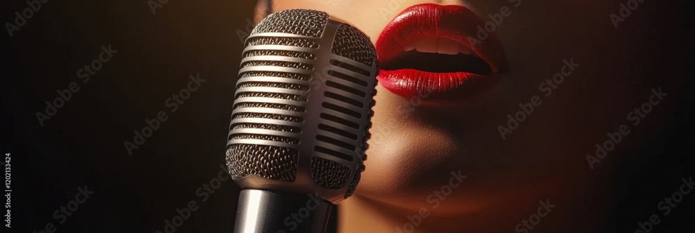 Poster close up of a singer with red lipstick performing a song using a vintage microphone, creating a capt