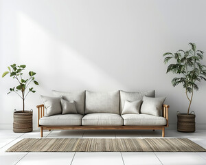 modern living room featuring light gray sofa with cushions, surrounded by indoor plants in woven baskets, creating serene atmosphere