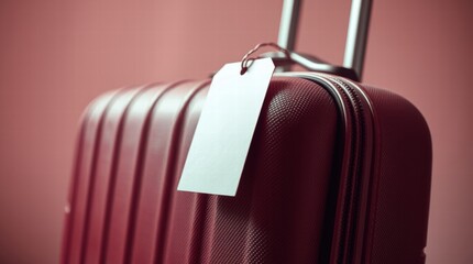 Red suitcase with a tag on it