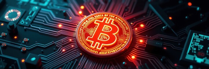 Red bitcoin with the letter B on it is lit up